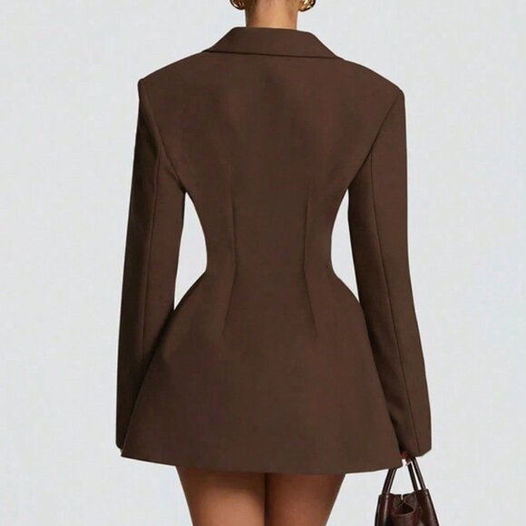 Brown Elegant Women's Double-Breasted Slim Fit Pocket Party Dress - Picture 4 of 4